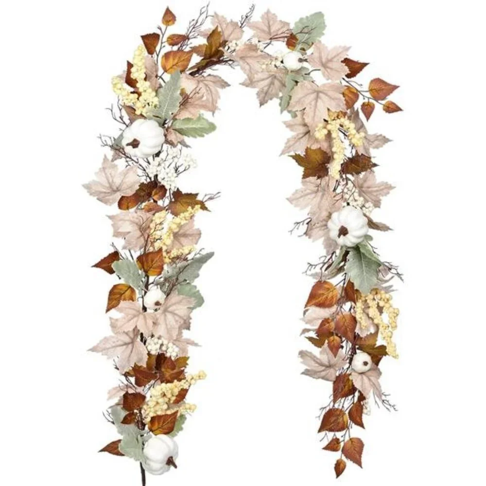 5.9Ft Hanging Vine Garland White with Pumpkins and Berries Thanksgiving Decor